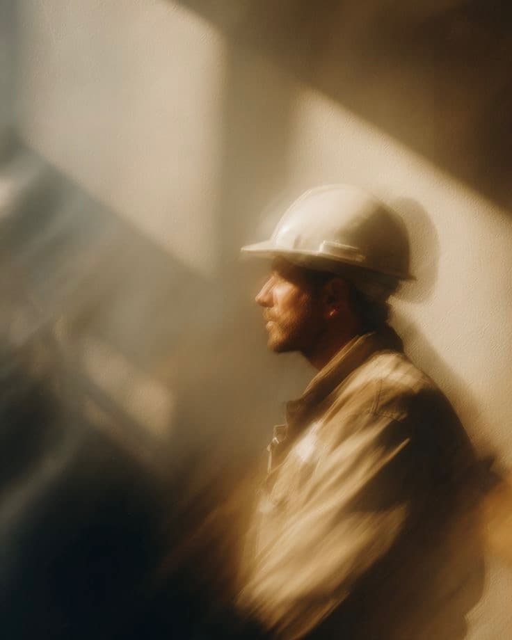 Contractor in a white hard hat, in warm light