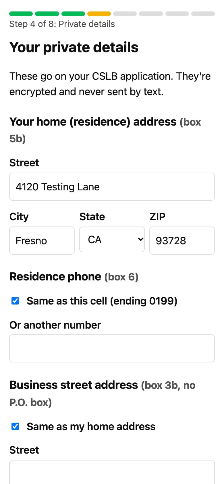 Phone screenshot of the private details page with a progress stepper at step 4 of 8