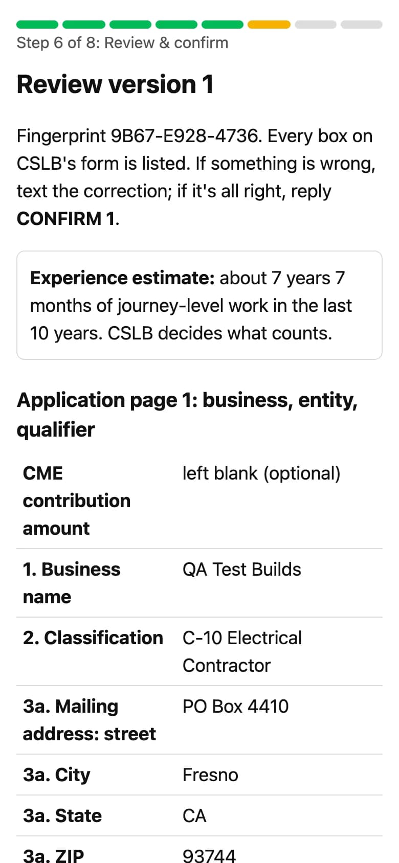 Phone screenshot of the review page listing the boxes of CSLB's form