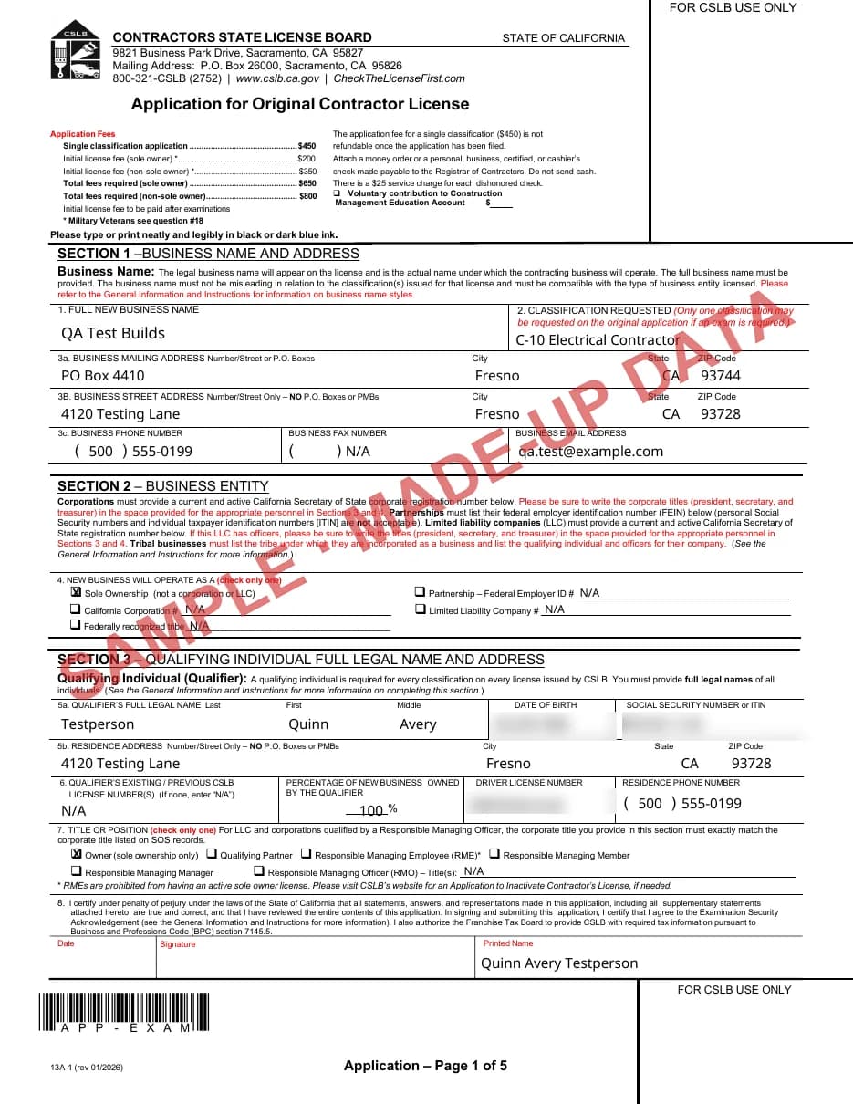 Page 1 of CSLB's application form filled in with made-up data, sensitive boxes blurred